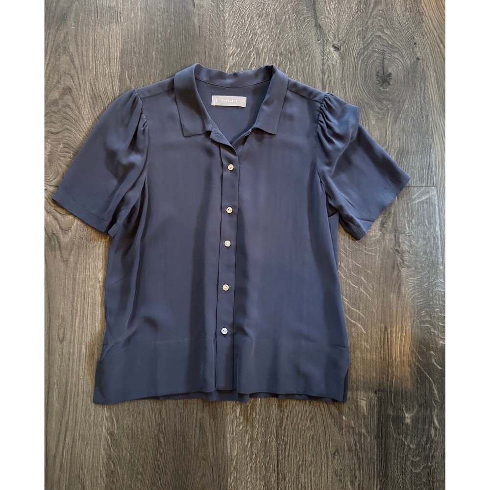 Everlane The Clean Silk Puff-Sleeve Shirt 00 Navy Blue 100% Silk NWOT